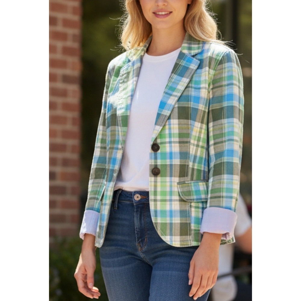 GAP Green Blue Madras Plaid Cotton Lined Blazer/Jacket Womens 4 New Y2K 2006